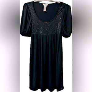 Black Sequin Puff Sleeve Empire Waist Y2K Babydoll Dress. Size M